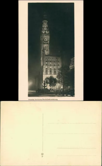 Danzig Gdańsk/Gduńsk Rathaus Nachtbeleuchtung - Privatfoto AK 1929