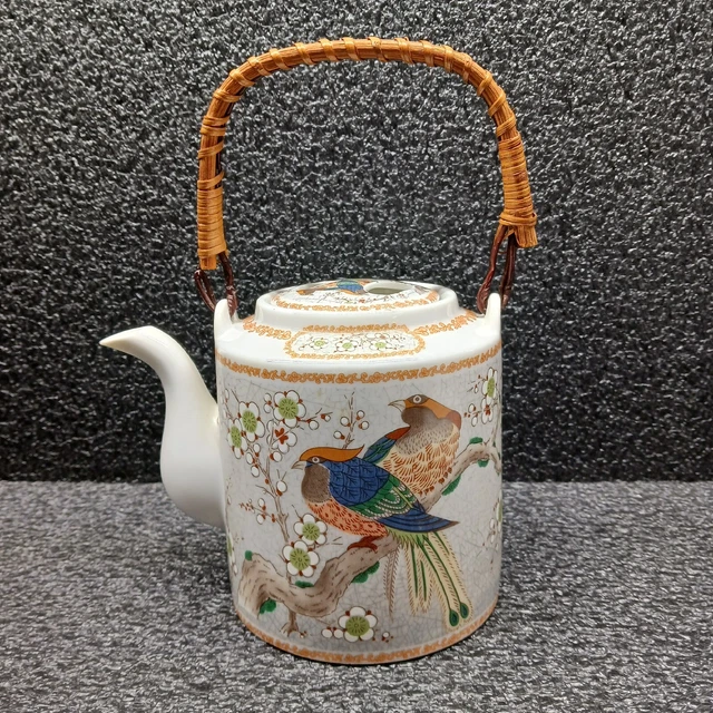 VINTAGE TEAPOT WITH Birds Floral Print and Rattan Handle Japan Made 12