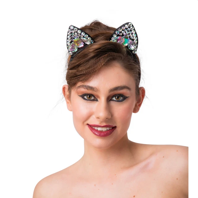 CAT EARS WITH Jewels Adults Fancy Dress Cats Ears On Headband Halloween