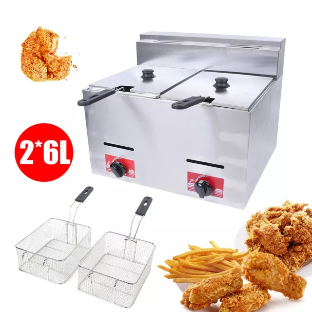 Countertop Gas Deep Fryer 2 Frying Baskets Stainless Steel 2 Lid Commercial HOME