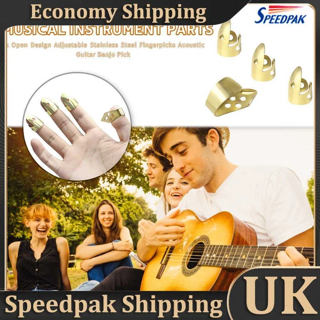 NEW Adjustable 3 Finger Picks + 1 Thumb Pick Acoustic Guitar Banjo Pick (Gold)