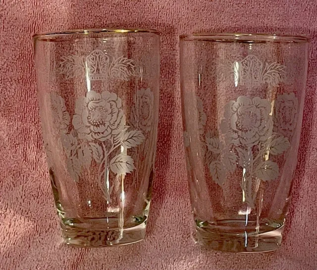 2 Queen Esther Pattern Libbey Glassware Beverage Glasses Gold Rim 10 oz