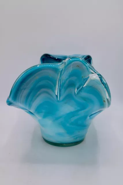 Large Mid-20th Century Turquoise Blue Art Glass Centerpiece / Vase / Bowl 2
