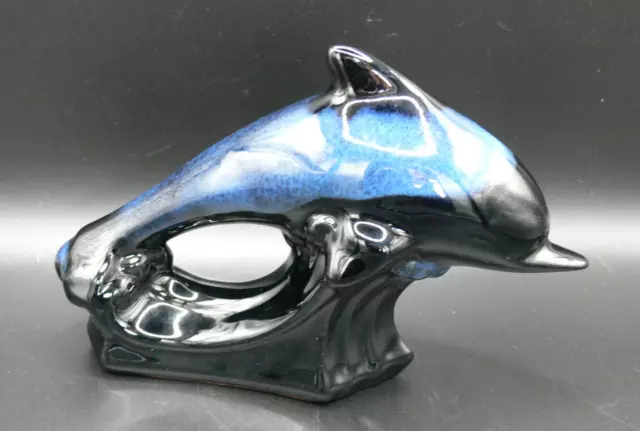 Blue Mountain Pottery Leaping Dolphin medium  12cm Blue/Green Black Drip Glaze