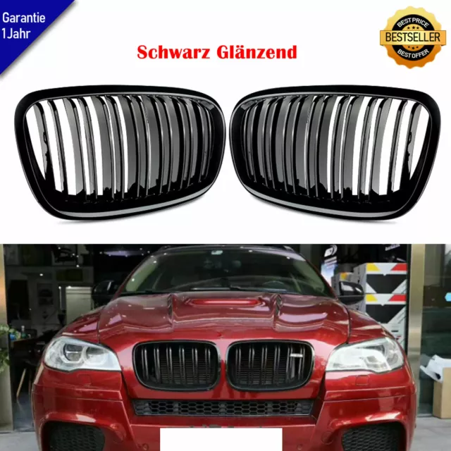 2x für BMW X5 E70 X6 E71 Nieren Sport Grill Kühlergrill GLANZ SCHWARZ Doppelsteg