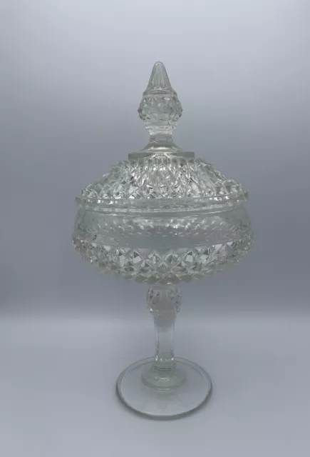 Vintage Indiana Glass Diamond Point Pedestal Candy Dish/Compote With Lid