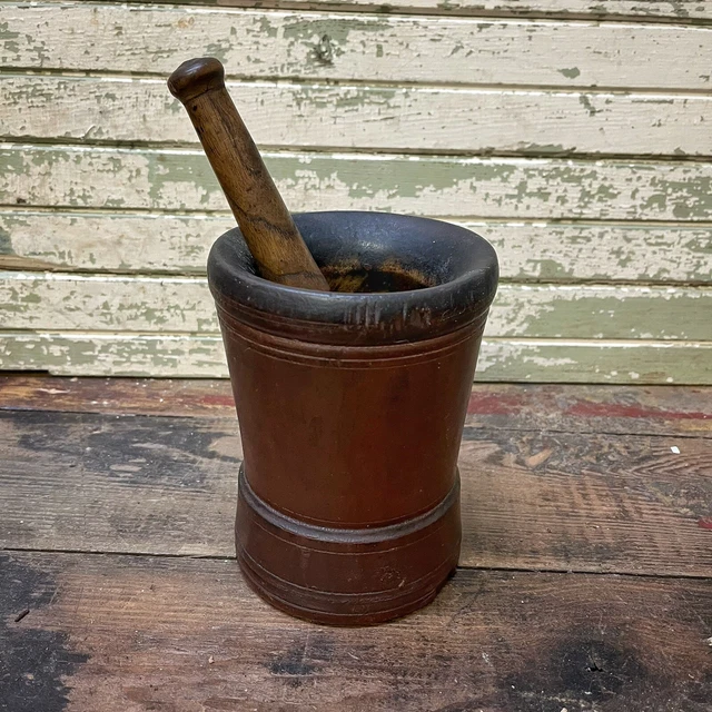 Antique 19th Century Large Wooden Mortar & Pestle Original Red Paint 1800s