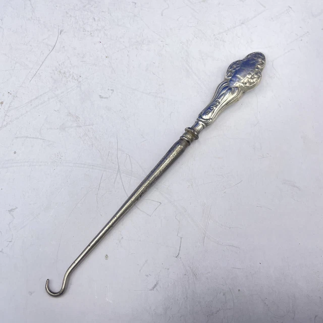 Bacchetta Gancio Corsetto Bottone Antico Ornato ARGENTO 925 Manico 7" Autentico Vintage