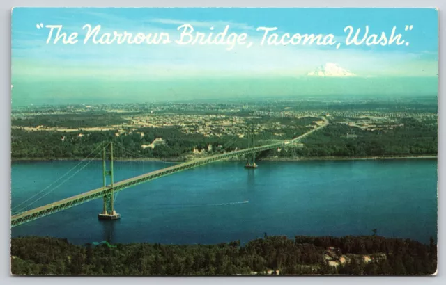 Tacoma Washington~Birds Eye Of Narrows Bridge~Puget Sound~Vintage Postcard