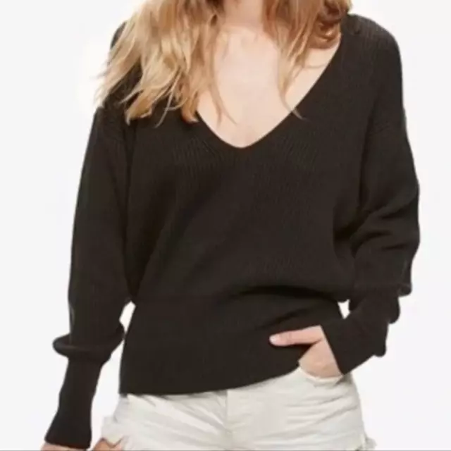 Free People Allure V-Neck Pullover Sweater S Black Long Sleeve Ribbed Knit Cozy