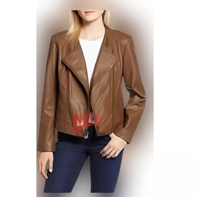 Handmade Women Brown Fully Lined Wing Collar Genuine Lambskin Pure Leather Coat