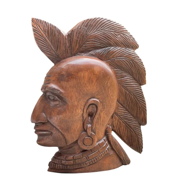 Wooden Chief Indian Native American Head Wall Hanging Hand Carved Man Cave 12"