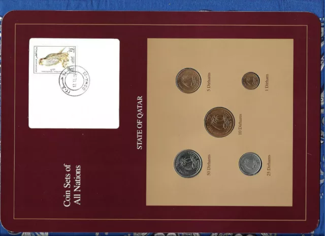 Coin Sets of All Nations Qatar w/card 1973-1990 UNC 50 Dirhams 1990 Falcon stamp