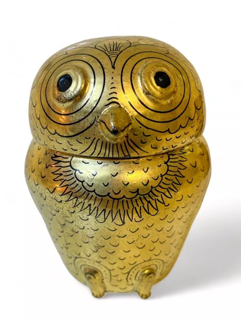 Vintage Mid Century 4” Owl Burmese Lacquer Trinket Box Gold Removable Head EUC