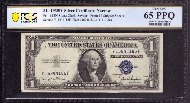 1935 D $1 Silver Certificate Narrow Note Fr 1613N Yf Block Pcgs B Gem 65 Ppq