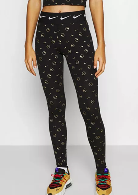 NIKE SPORTSWEAR NSW Swoosh Print High Waist Leggings Black Gold Uk S New Last 1 22.39 PicClick UK