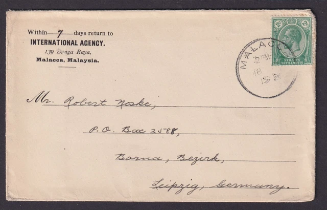 Straits Settlements Malacca Malaysia Asien Brief Bornau Leipzig Sachsen
