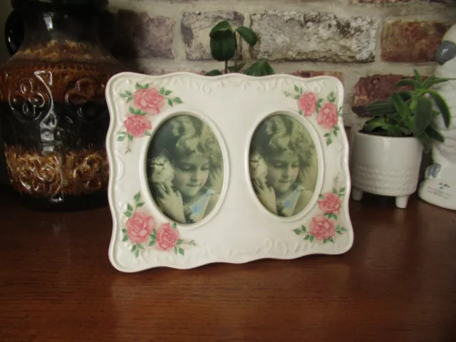 Floral Pink Roses Ceramic Twin Photo Frame Picture Frame Vintage Shabby Chic