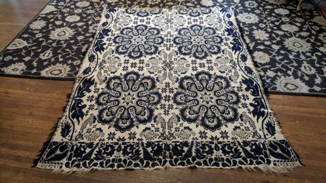 Antique Early Primitive Handmade Blue Textile Coverlet Signed H. Petry 83"
