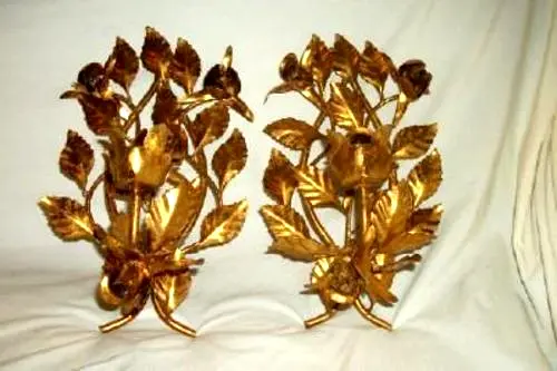 Italian Tole Candle Sconces Gilt Roses Lush Leaves Italy Mid Century