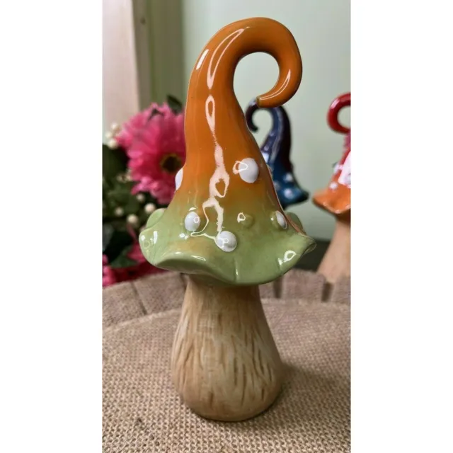 Whimsical Ceramic Mushroom Garden Decor Ceramic Pottery Orange Green Mushroom