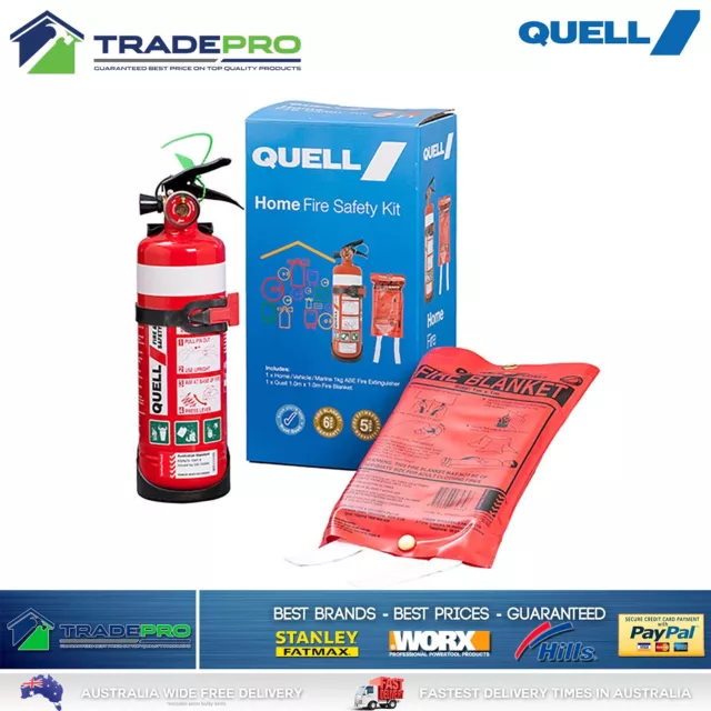 Fire Extinguisher 1kg Kit Quell Set Fire Blanket & Bracket Home Kitchen Safety