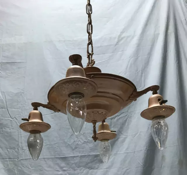Antique VTG Brass & Metal Hanging 4 Light Chandelier Candelabra Fixture 1786-23B
