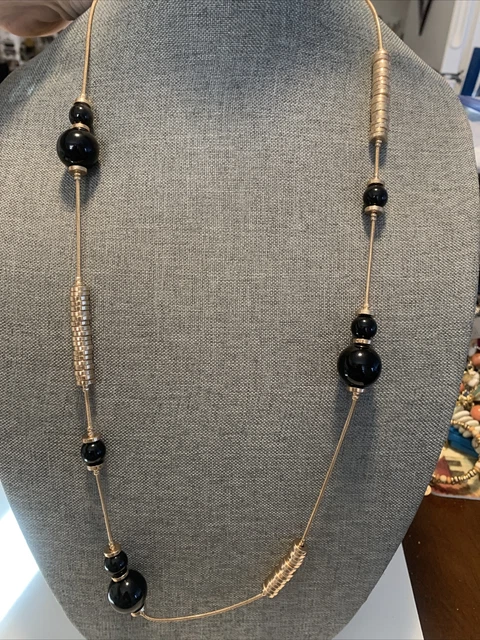 Gold Tone & Black Bead Necklace Signed Charming Charlie 42"