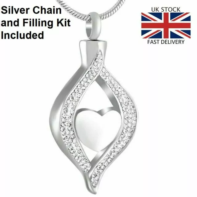 Silver Teardrop Heart Cremation Urn Pendant Ashes Necklace Funeral Memorial UK