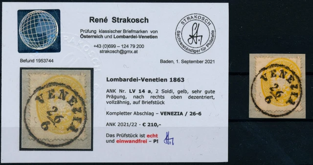 LOMBARDEI-VENETIEN 1863 2Sld. gelb, Extrem verzähnt, VENEZIA. ANK:210,-! Befund!