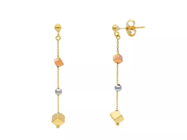 Orecchini Pendenti Oro Giallo, Bianco E Rosa 18K, Cubi 3-4 Mm, Lunghezza 42 Mm