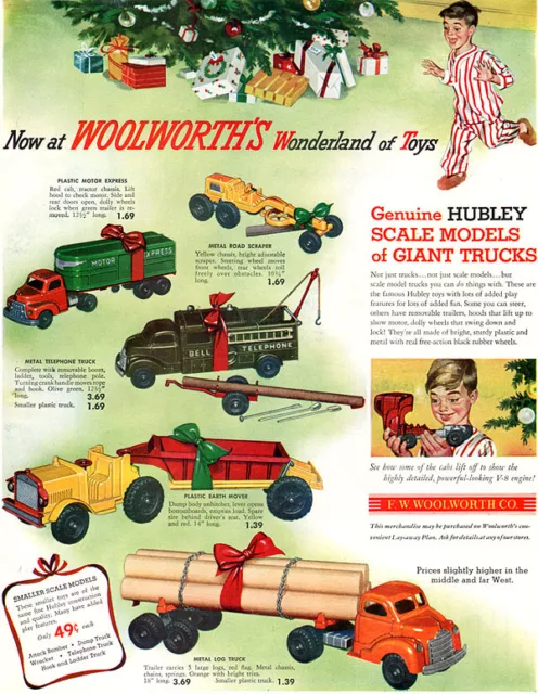 Hubley Giant Trucks WOOLWORTH Road Scraper TELEPHONE TRUCK Earth Mover 1952 Ad
