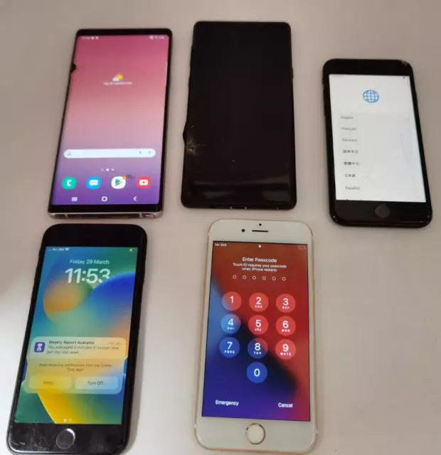 Job lot of 5 faulty & damaged phones - iPhone, Samsung