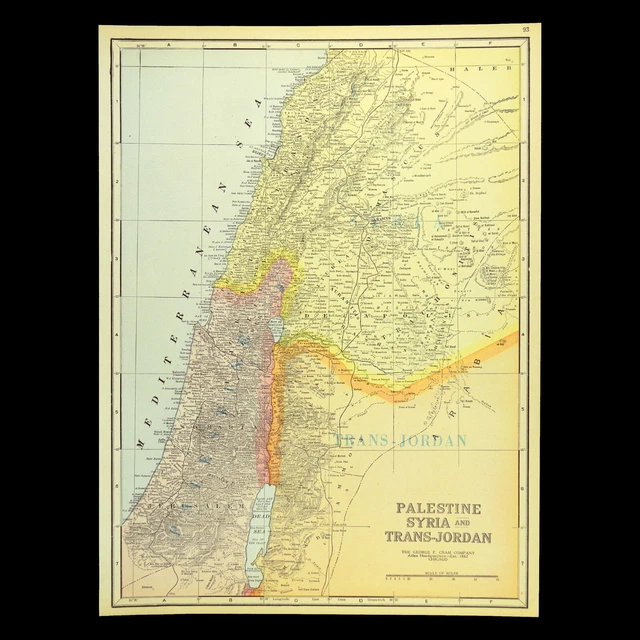 CA 1921 PALESTINE Map Jerusalem Israel Lebanon Wall Art Original Syria