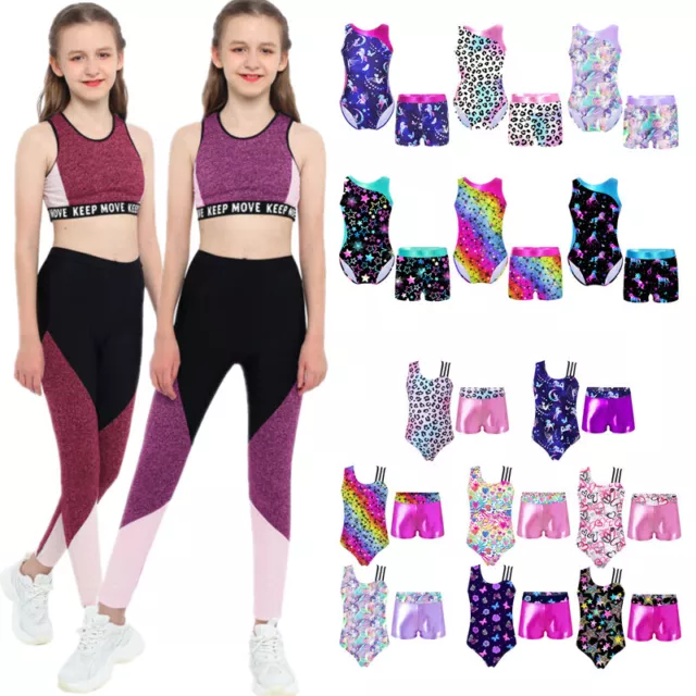 Girls Workout Tracksuit Tank Top With Pants Ballet Dancewear Set Bodysuit Shorts