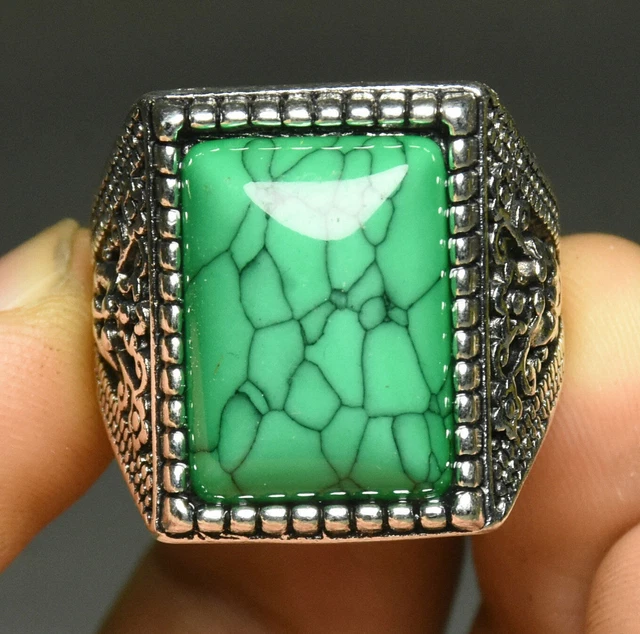 2.5CM Old Silver Lnlay Green Turquoise Beast Pattern Jewelry Ornament Ring
