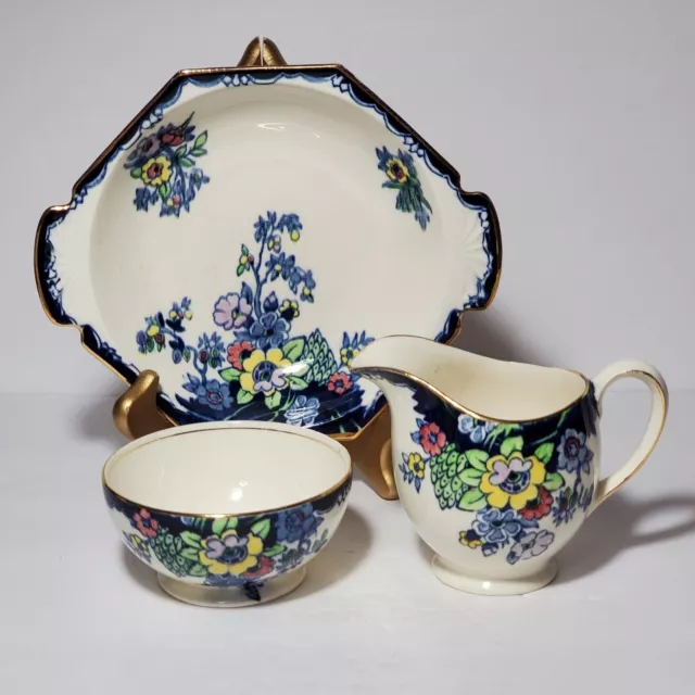 Royal Winton Grimwades Sugar Bowl, Creamer and Dish Blue Yellow Flowers Vintage