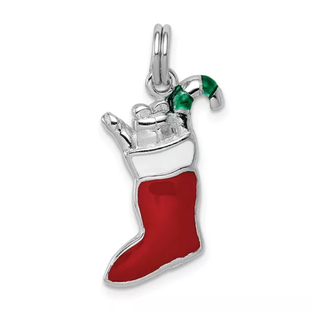 Sterling Silver Enameled Christmas Stocking Holiday Charm Pendant 0.99 Inch