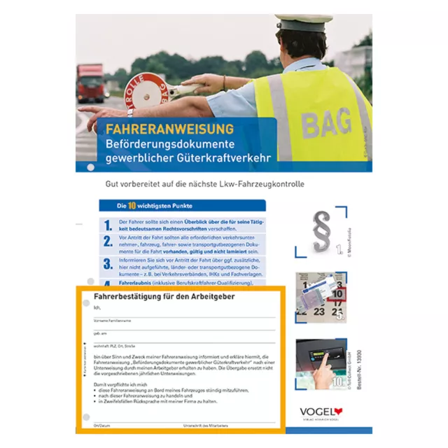 10er Pack Fahreranweisung Beförderungsdokumente gewerblicher Güterkraftverkehr