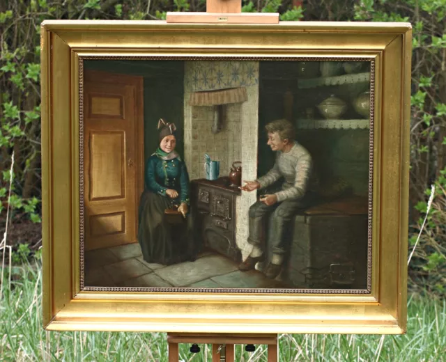 PEDER RIBER (1863-1936) - conversation in the kitchen, oil painting, Denmark