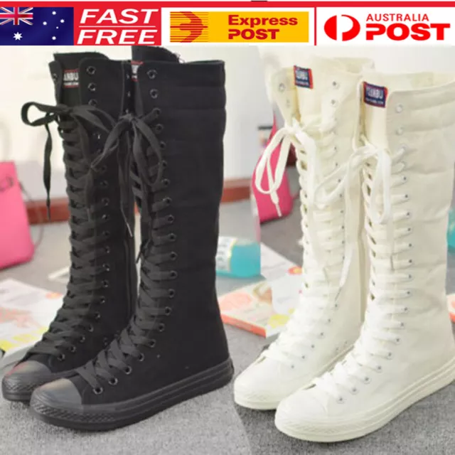 Womens Girls Lace Up Canvas Boots Zip Flat Knee High Sneakers Dress Dance Shoes