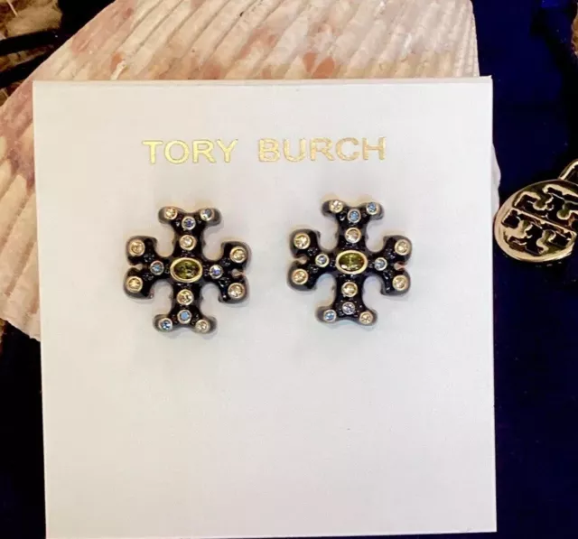 🆕Authentic Tory Burch Roxanne Jeweled Stud Earrings-Deep Navy-New W/Card& Pouch