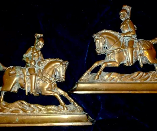 PAIR OF FRENCH GILDED BRONZE/BRASS DECORS ANDIRONS CAVALIER ON A HORSE 32 x 25cm