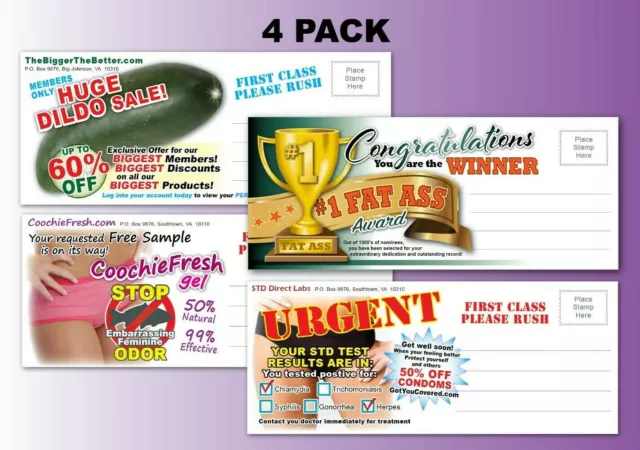 4 Adult PRANK Mail Postcards - FUNNY Joke Revenge Gag Gift Novelty Funny Humor