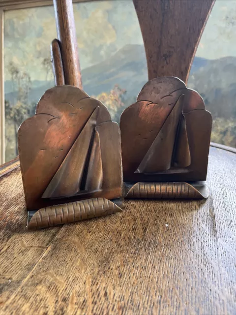 Pair(2) Of Vintage Handmade Copper Sailboat Bookends Model 287 By Craftsmen Inc.
