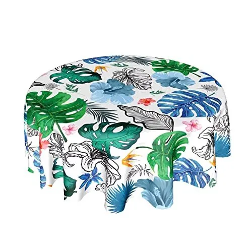 Tropical Palm Leaves Tablecloth Round 60 Inch Summer Flora Tablecloth Washabl...