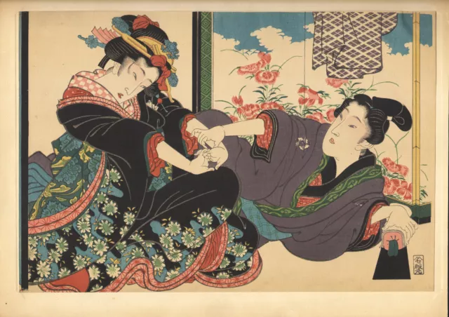 1920 Japanese Print Keisai Eisen Young Couple Screen Woodcut