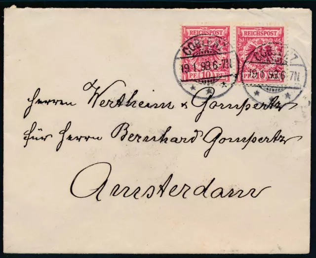 Deutsches Reich DR Mi 47(2) Auslands-Brief MeF Koblenz 1898 nach Amsterdam