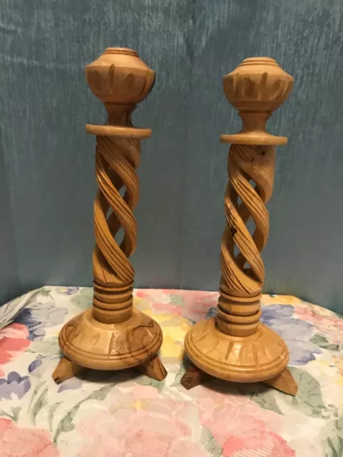 Hand Carved Whalen Woods Wooden Spiral Twist Candlesticks 8.5"  (Set of 2)