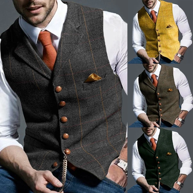 Uomo Moda Quadri Motivo Gilet Business Ufficio Matrimonio Slim Bavero Retro